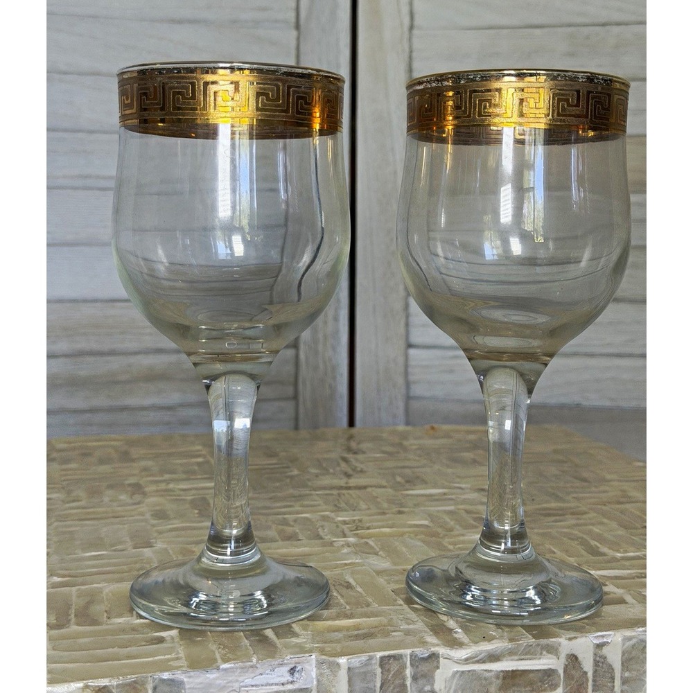 Set of 2 Vintage Gold Rim Greek Key Wine Goblets Hollywood Regency Glasses